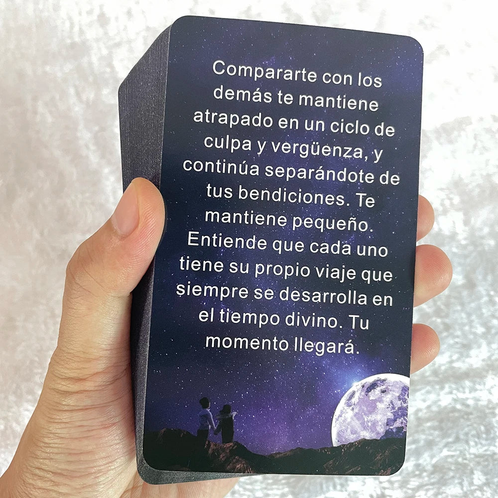 Spanish Tarot and Oracle Deck with 54 cards, compact 12x7 cm size, beginner-friendly, in Spanish language, ideal for card game enthusiasts.