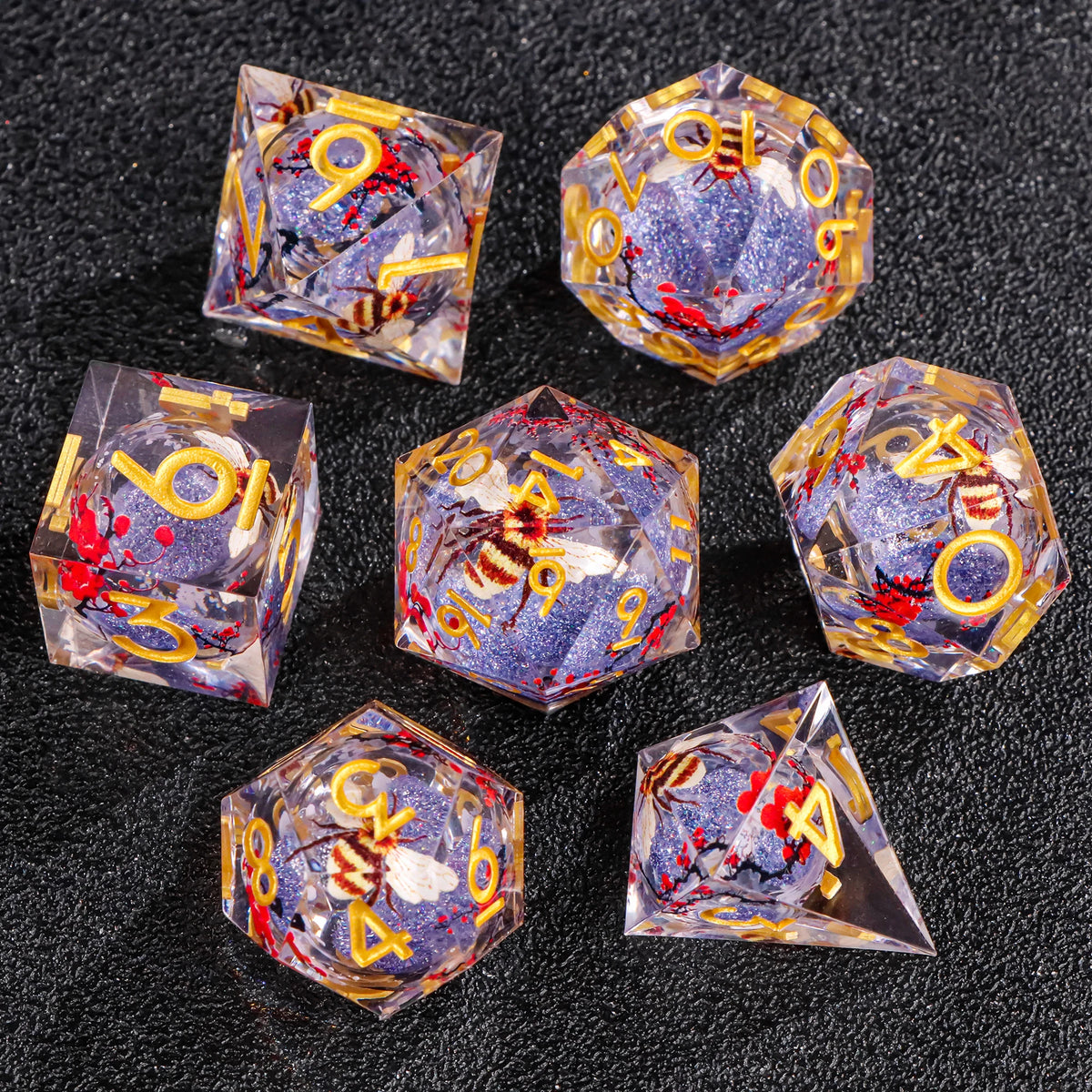 FanzyMarket 7-piece resin polyhedral dice set for D&D and RPGs, featuring sharp-edged D20, D12, D10, D8, D6, and D4 dice.
