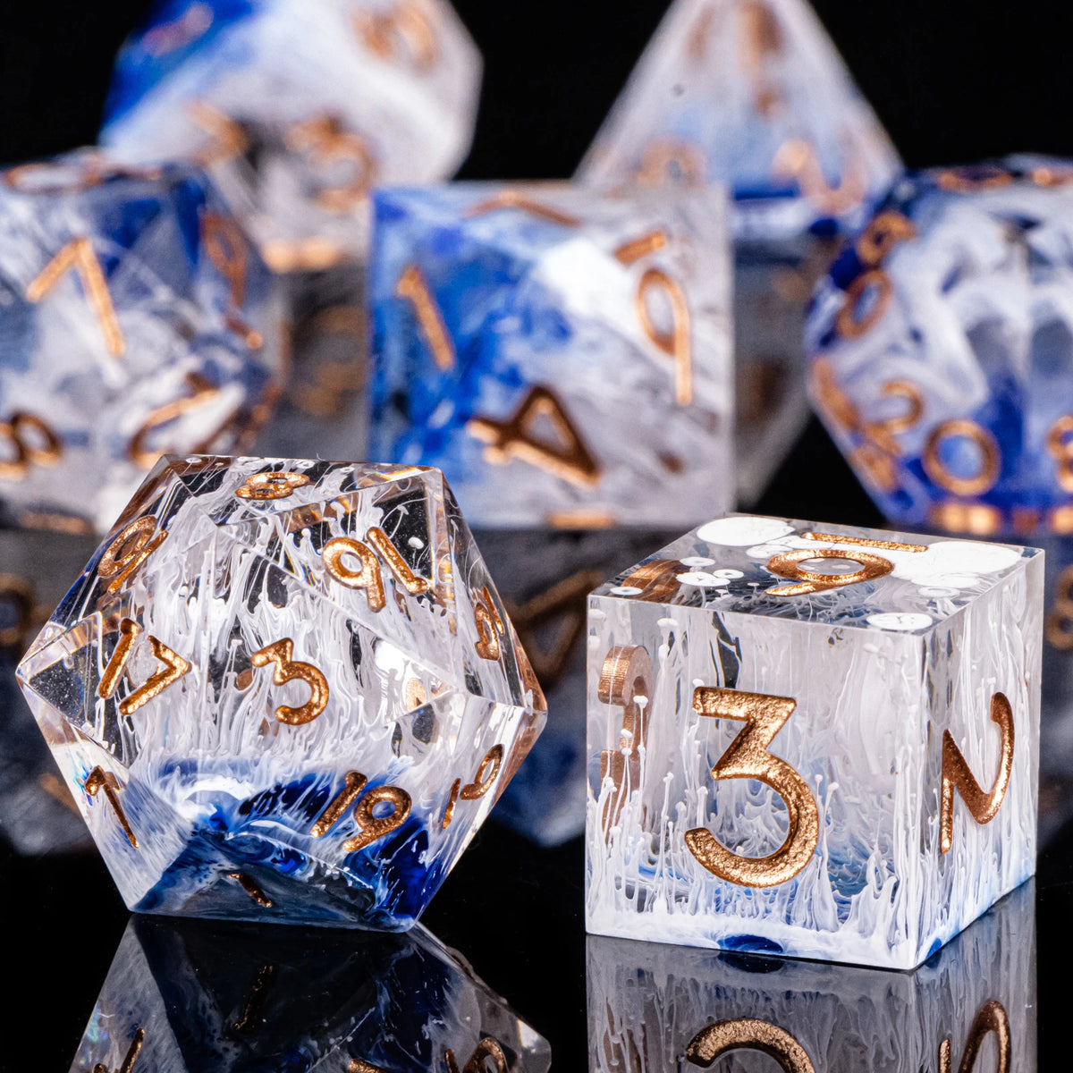 Handmade resin 7-piece D20 dice set by FanzyMarket for Dungeons & Dragons and tabletop RPG gaming, featuring colorful polyhedral dice.