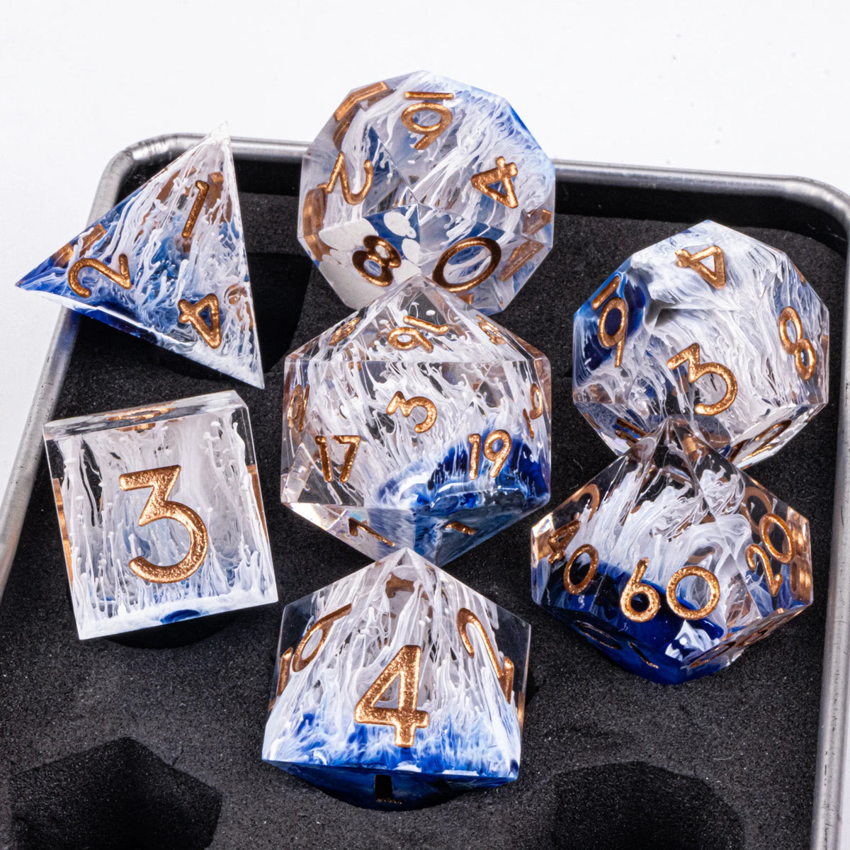 Handmade resin 7-piece D20 dice set by FanzyMarket for Dungeons & Dragons and tabletop RPG gaming, featuring colorful polyhedral dice.
