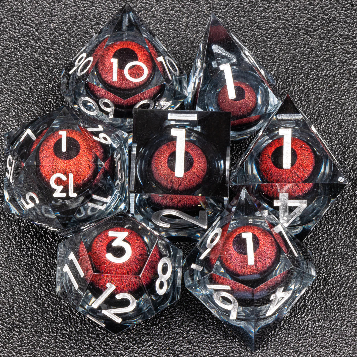 Handmade resin 7-piece D20 polyhedral dice set for Dungeons & Dragons and tabletop RPGs by FanzyMarket.