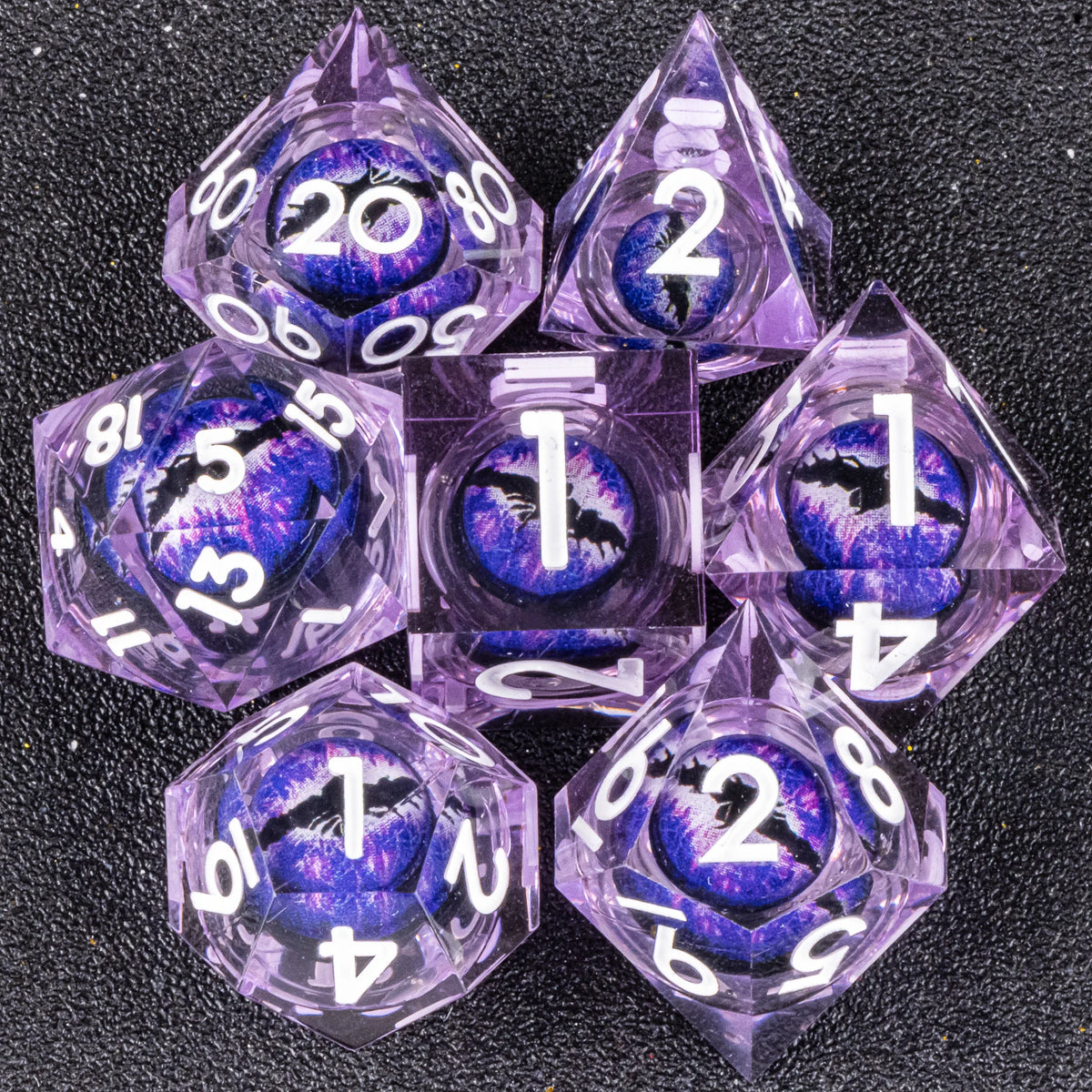 Handmade resin 7-piece D20 polyhedral dice set for Dungeons & Dragons and tabletop RPGs by FanzyMarket.