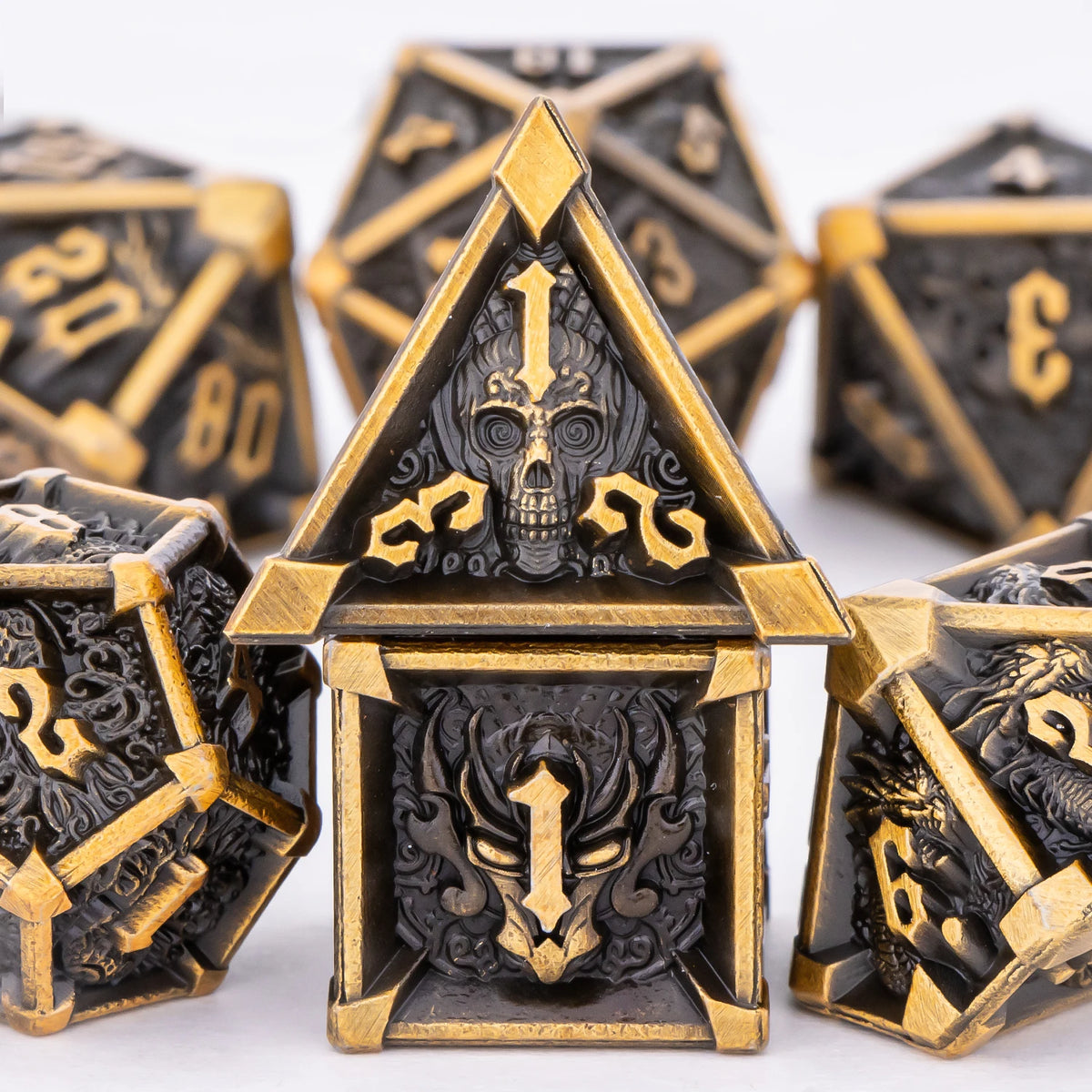 FanzyMarket Skull and Dragon metal dice set with seven polyhedral DnD dice for tabletop RPG gaming.