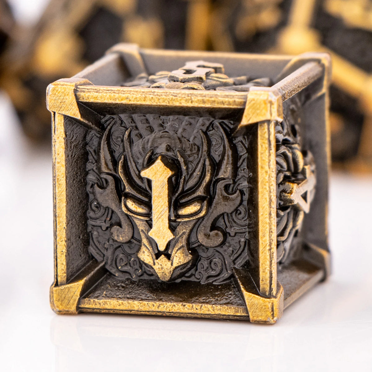 FanzyMarket skull and dragon metal dice set with seven polyhedral D&D dice for tabletop RPG gaming.