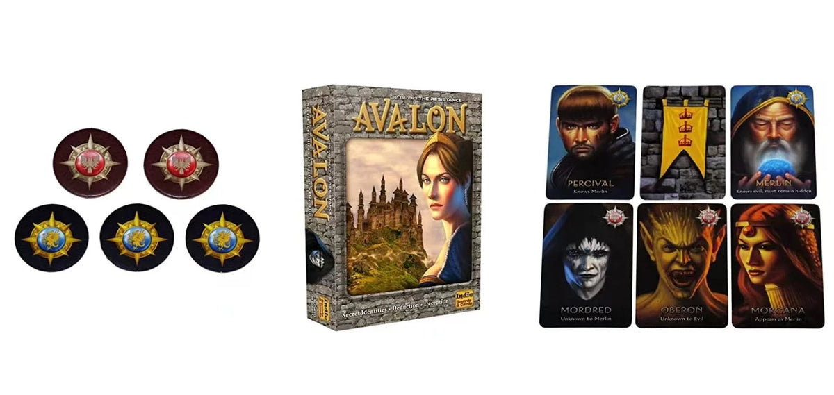 FanzyMarket Avalon card game for social deduction, featuring colorful cards for 5-10 players ages 13+ in a compact box.