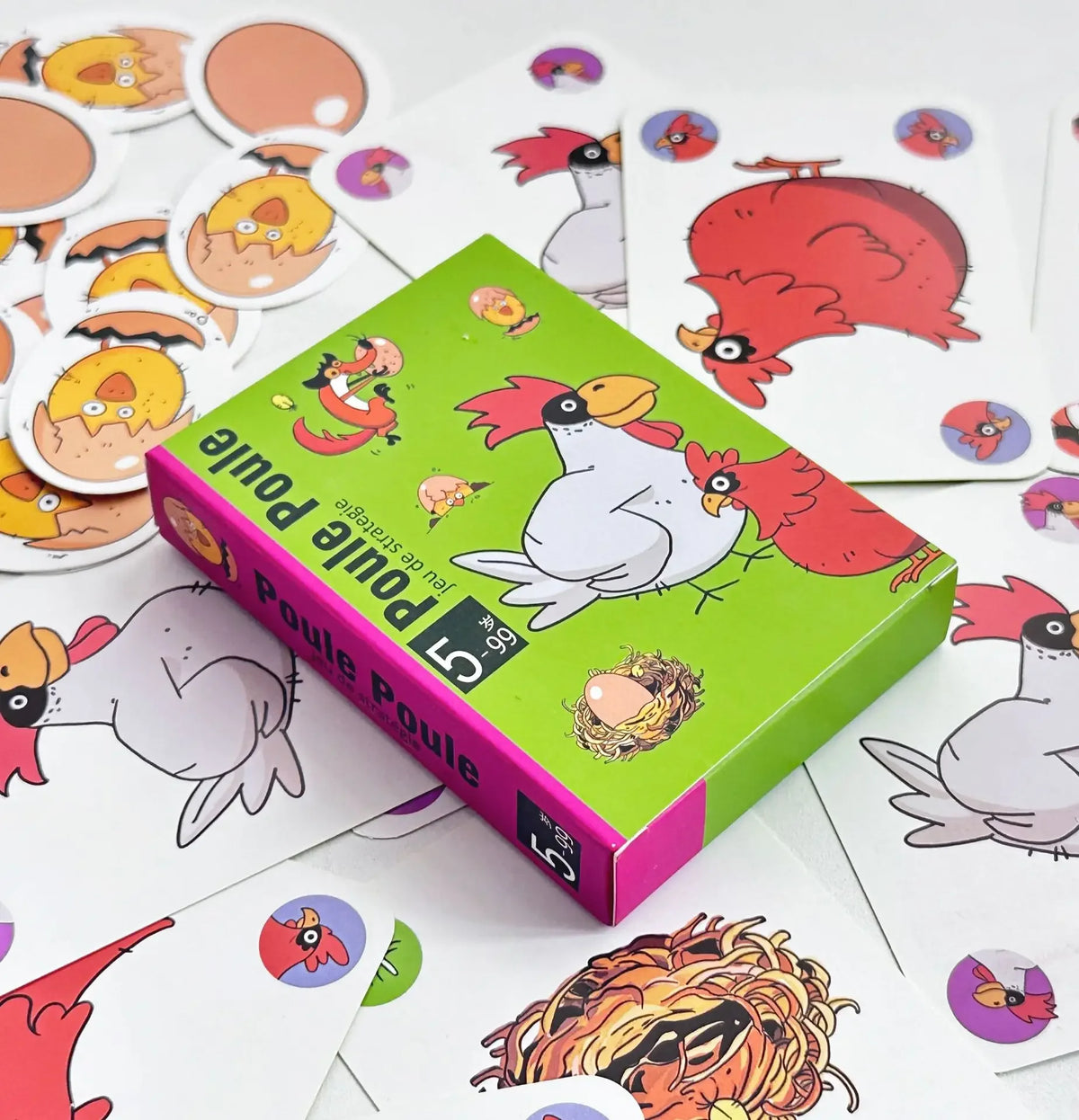 Three-party card games including Chicken Chiu Chiu, Drecksau, and Piou Piou by FanzyMarket, featuring colorful game boxes for family fun.