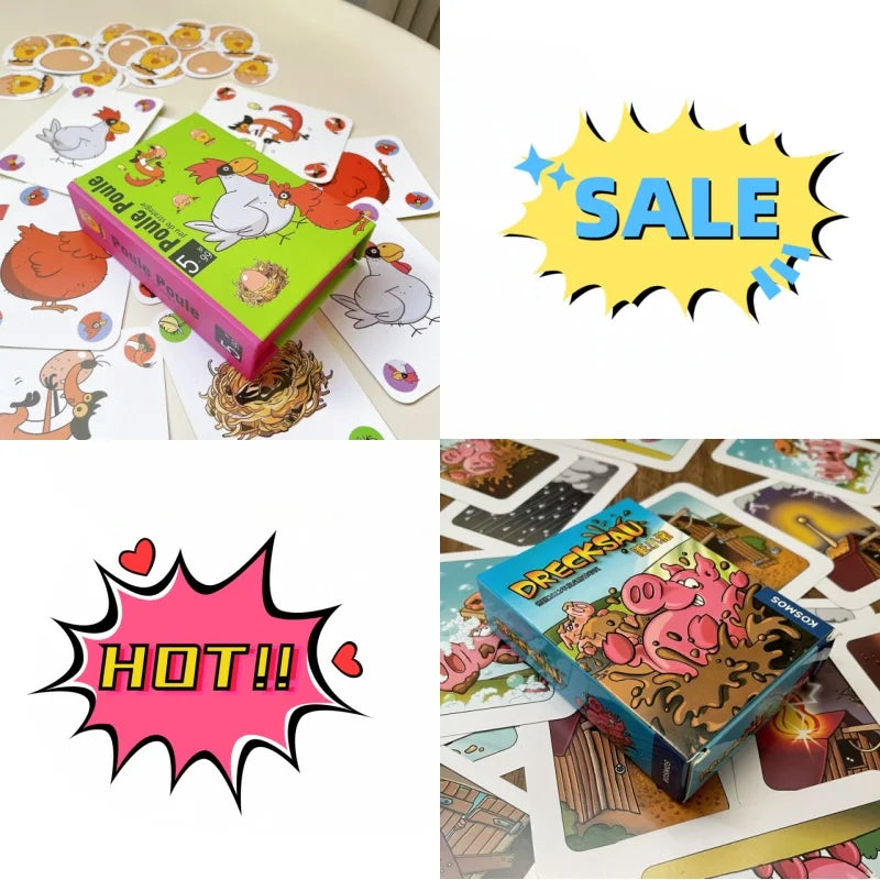 Three-party card games including Chicken Chiu Chiu, Drecksau, and Piou Piou by FanzyMarket for family and kids entertainment.