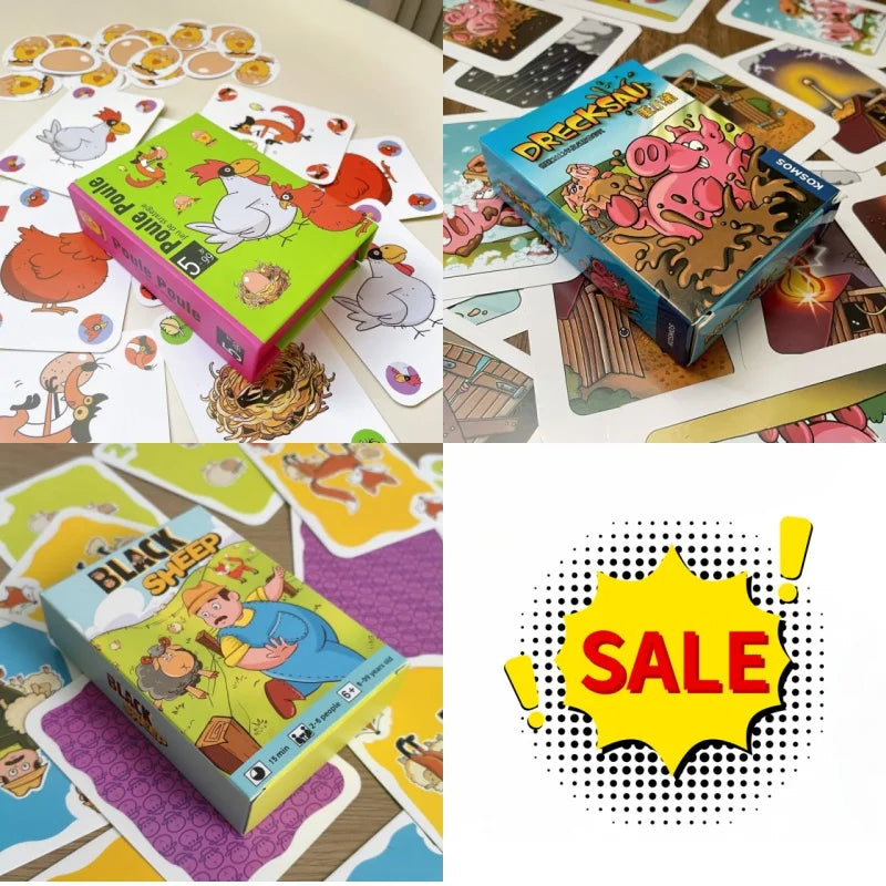 Three-party card games set including Chicken Chiu Chiu, Drecksau, and Piou Piou by FanzyMarket, featuring colorful game cards for family fun.