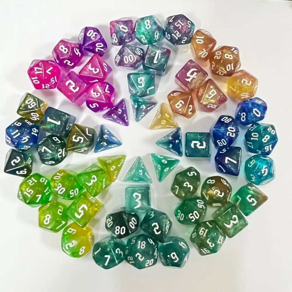 Seven-piece acrylic polyhedral dice set for DnD and tabletop RPGs, including d4, d6, d8, d10, d12, and d20 from FanzyMarket.