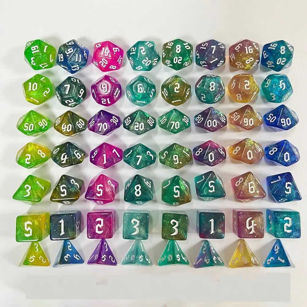 FanzyMarket 7-piece acrylic polyhedral dice set for D&D and tabletop RPG including d4, d6, d8, d10, d12, and d20.