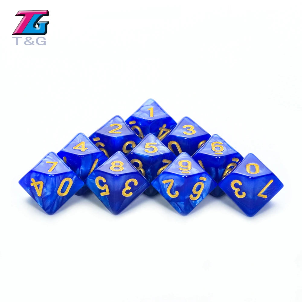 FanzyMarket D10 polyhedral dice set with marble and transparent styles for D&D, tabletop RPGs, board games, and parties.