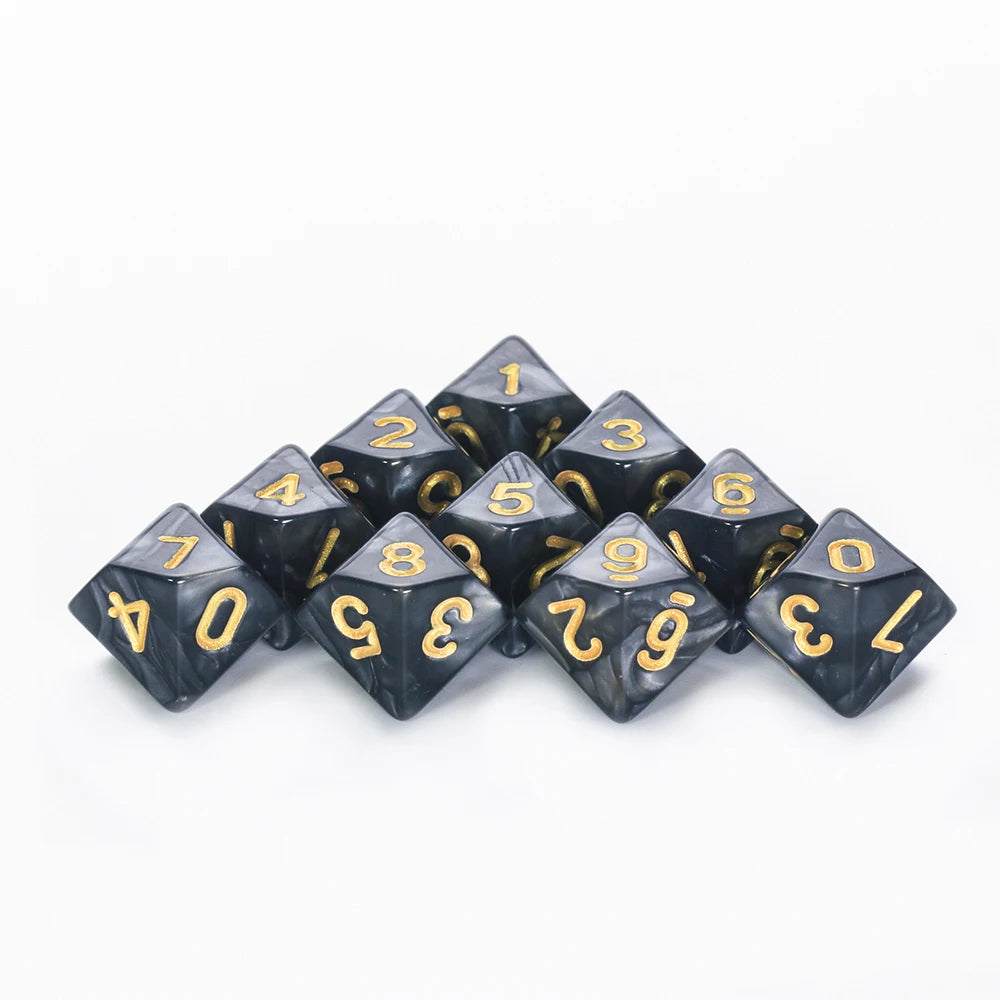 FanzyMarket D10 polyhedral dice set with marble and transparent styles for D&D, tabletop RPGs, and board games.