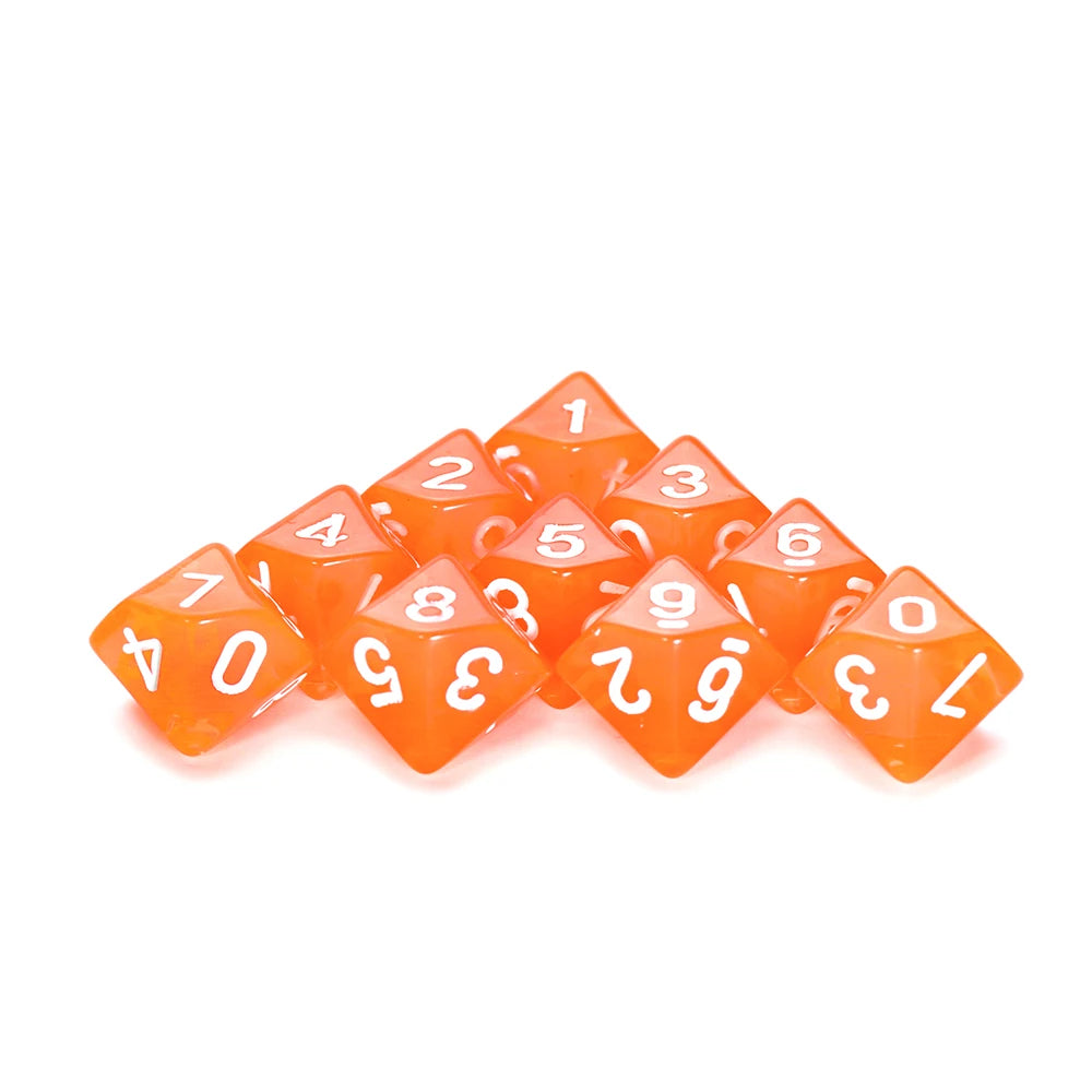 Set of 10 FanzyMarket polyhedral dice including marble and transparent styles for D&D and tabletop RPG gaming.