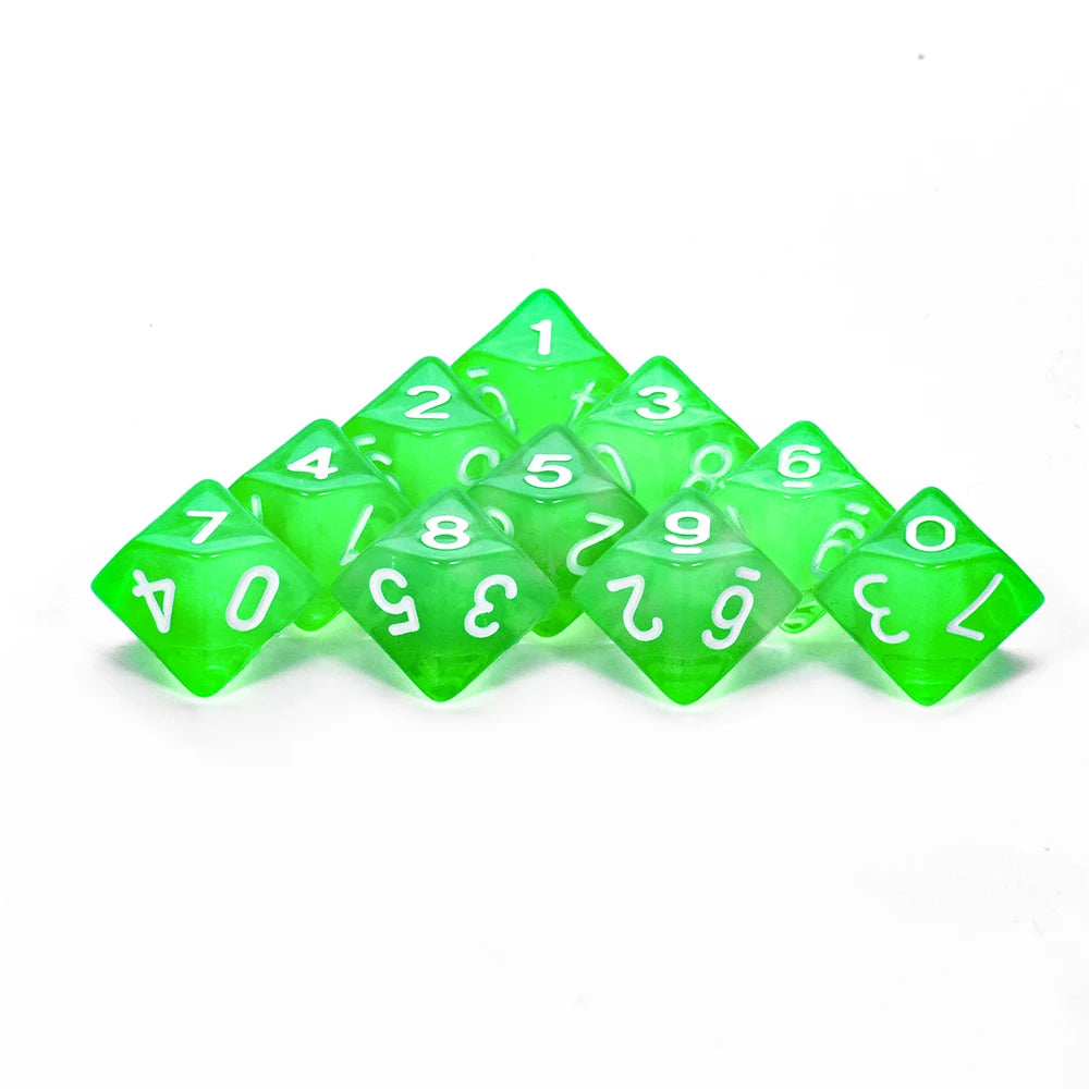FanzyMarket D10 polyhedral dice set with marble and transparent styles for D&D, tabletop RPGs, board games, and parties.