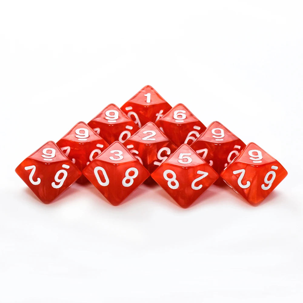 Set of 10 polyhedral D10 dice by FanzyMarket in marble and transparent styles for D&D and tabletop RPG games.