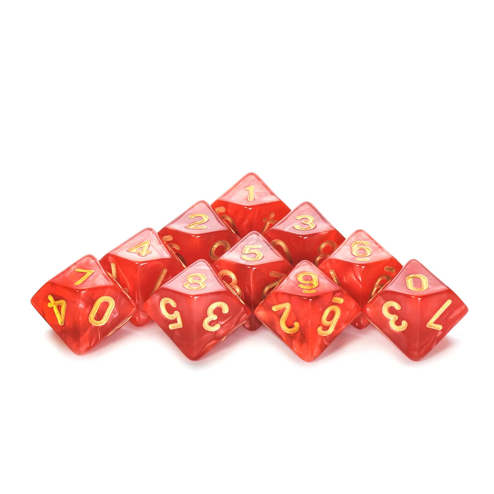 FanzyMarket D10 polyhedral dice set with marble and transparent styles for D&D, tabletop RPGs, and board games.