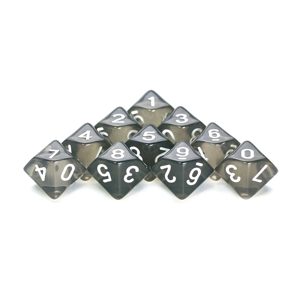 FanzyMarket D10 polyhedral dice set with marble and transparent styles for D&D and tabletop RPGs, perfect for board games and parties.