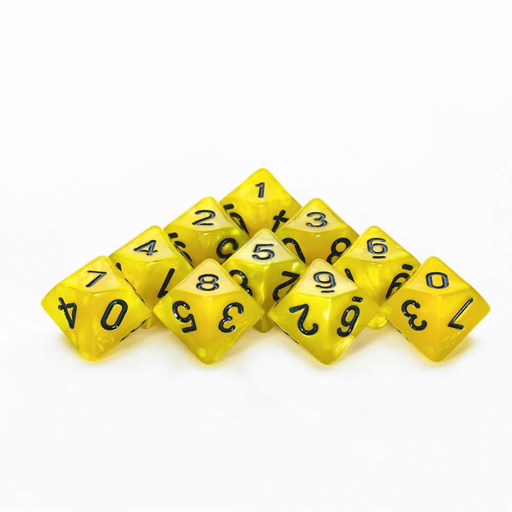 Set of 10 FanzyMarket polyhedral dice for D&D and tabletop RPGs, featuring marble and transparent styles for board games and parties.