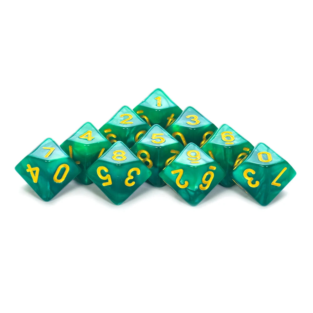 FanzyMarket D10 polyhedral dice set with marble and transparent styles for D&D, tabletop RPGs, board games, and parties.