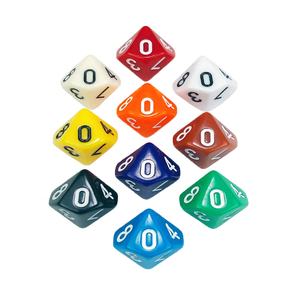 Set of 10 FanzyMarket polyhedral dice with marble and transparent styles for D&D and tabletop RPGs, perfect for gaming and parties.