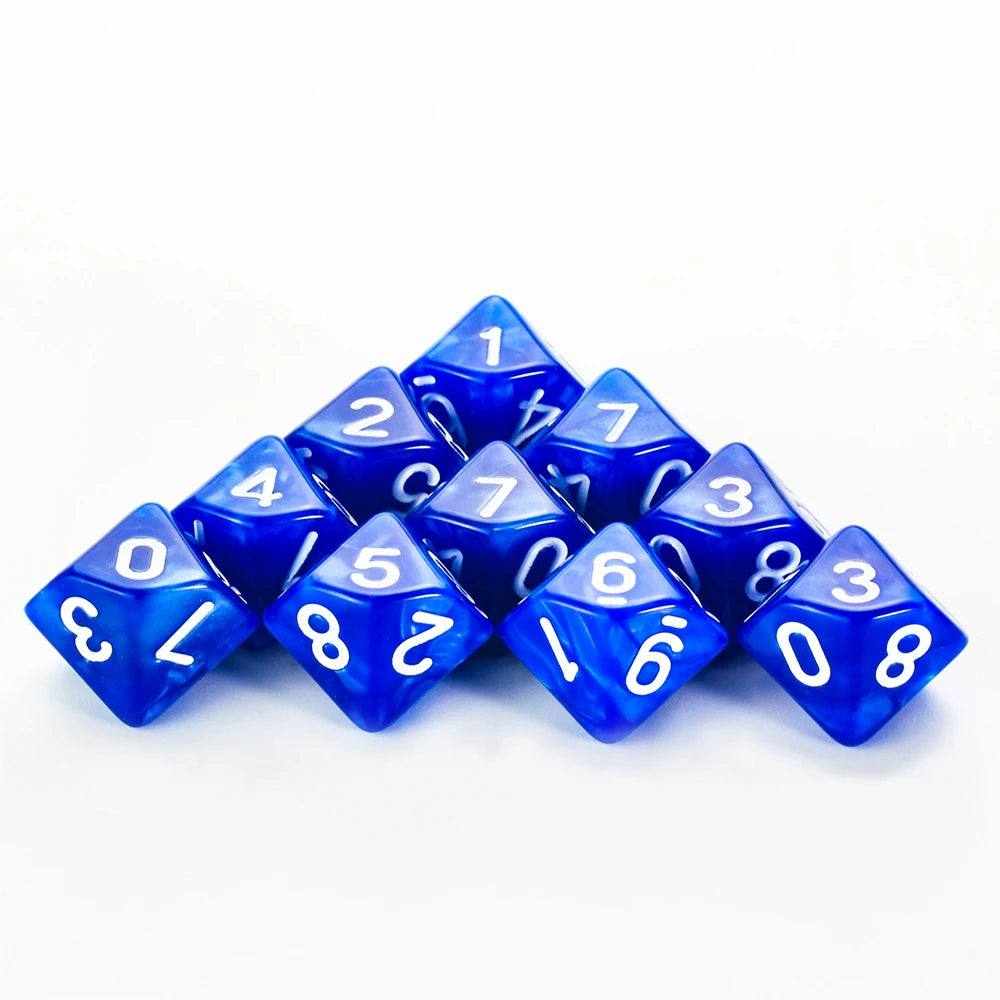 FanzyMarket D10 polyhedral dice set featuring marble and transparent styles for D&D and tabletop RPGs, ideal for board games and parties.