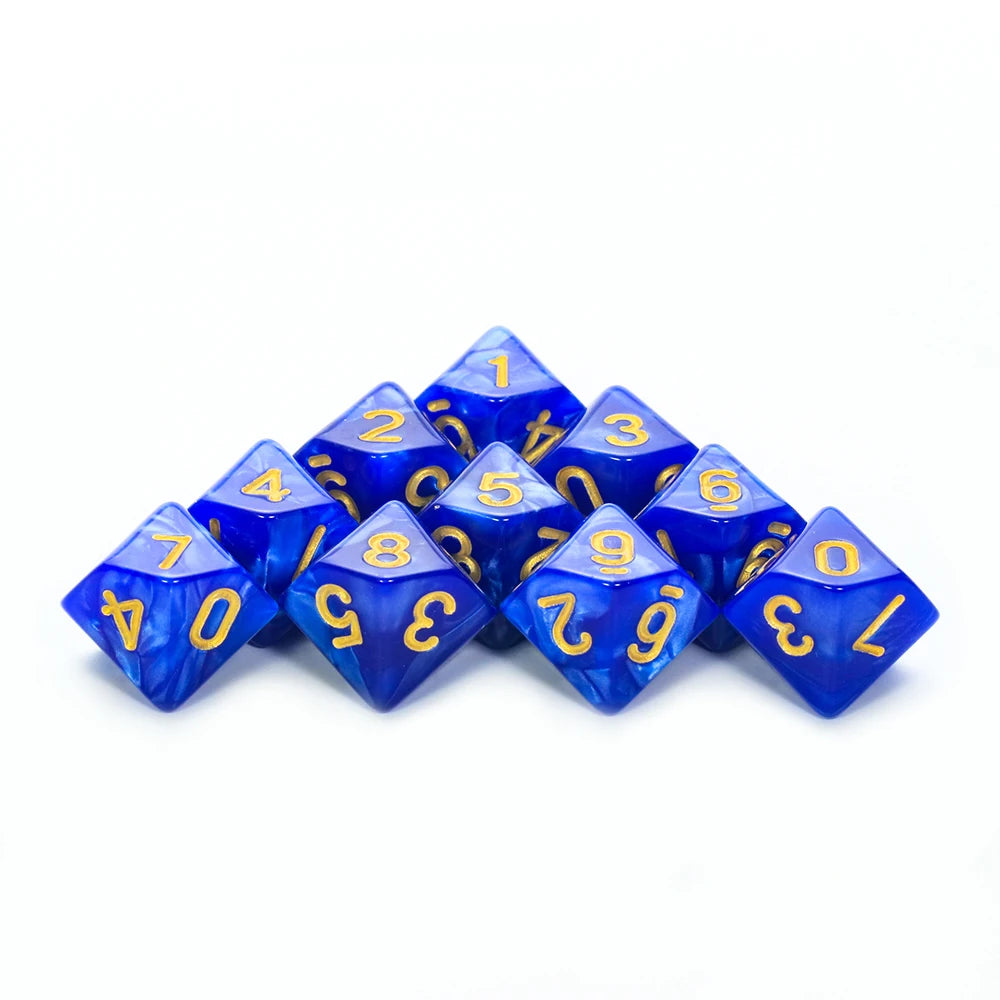 FanzyMarket D10 polyhedral dice set with marble and transparent styles for D&D, tabletop RPGs, board games, and parties.