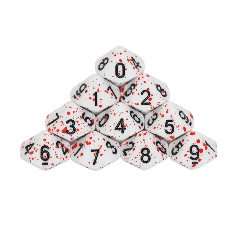 Set of 10 polyhedral dice in marble and transparent styles for D&D and tabletop RPGs, featuring various shapes and colors.