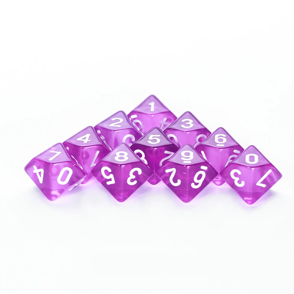 FanzyMarket D10 polyhedral dice set with marble and transparent styles for D&D and tabletop RPG games, 10-piece collection.