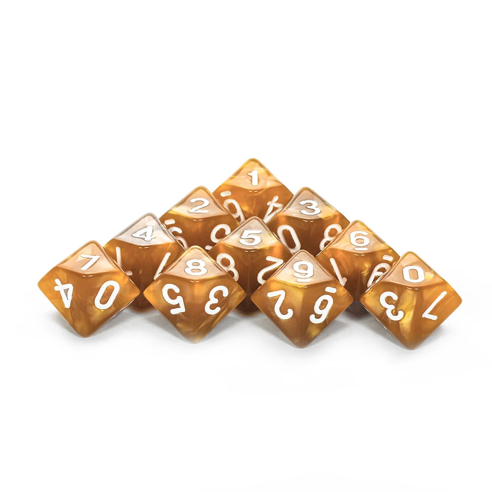 FanzyMarket D10 polyhedral dice set with marble and transparent styles for D&D and tabletop RPGs, perfect for board games and parties.