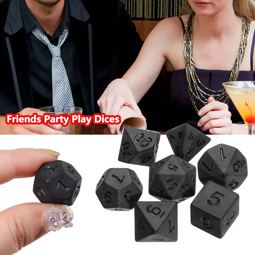 Black polyhedral dice set with seven pieces for D&D, tabletop RPGs, and board games, featuring various shaped dice in a sleek design.