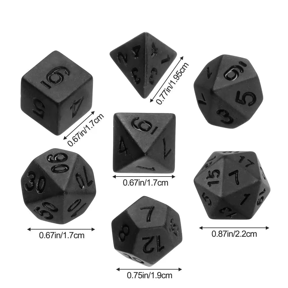 Black polyhedral dice set for D&D and tabletop RPGs, 7-piece FanzyMarket board and card game dice collection.