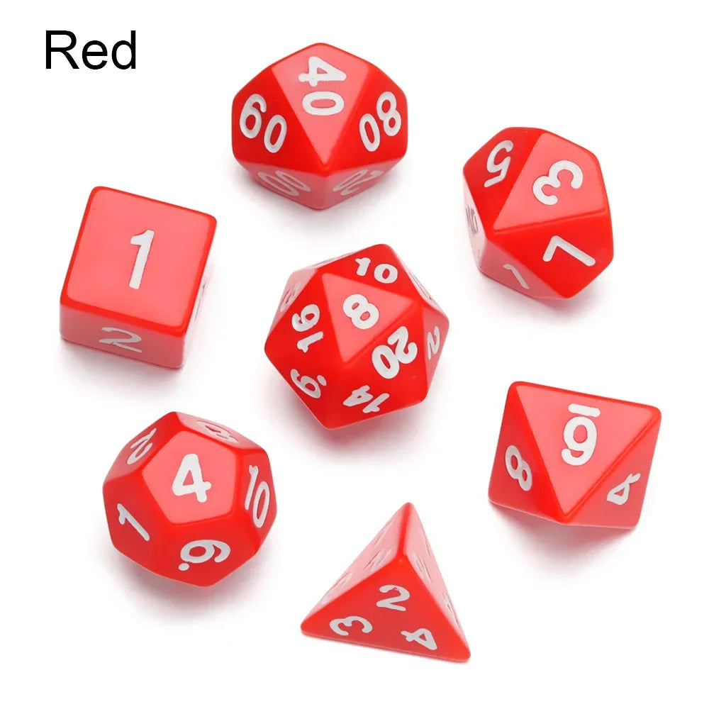 Black polyhedral dice set with seven different shapes for D&D, tabletop RPG, and board games, branded by FanzyMarket.