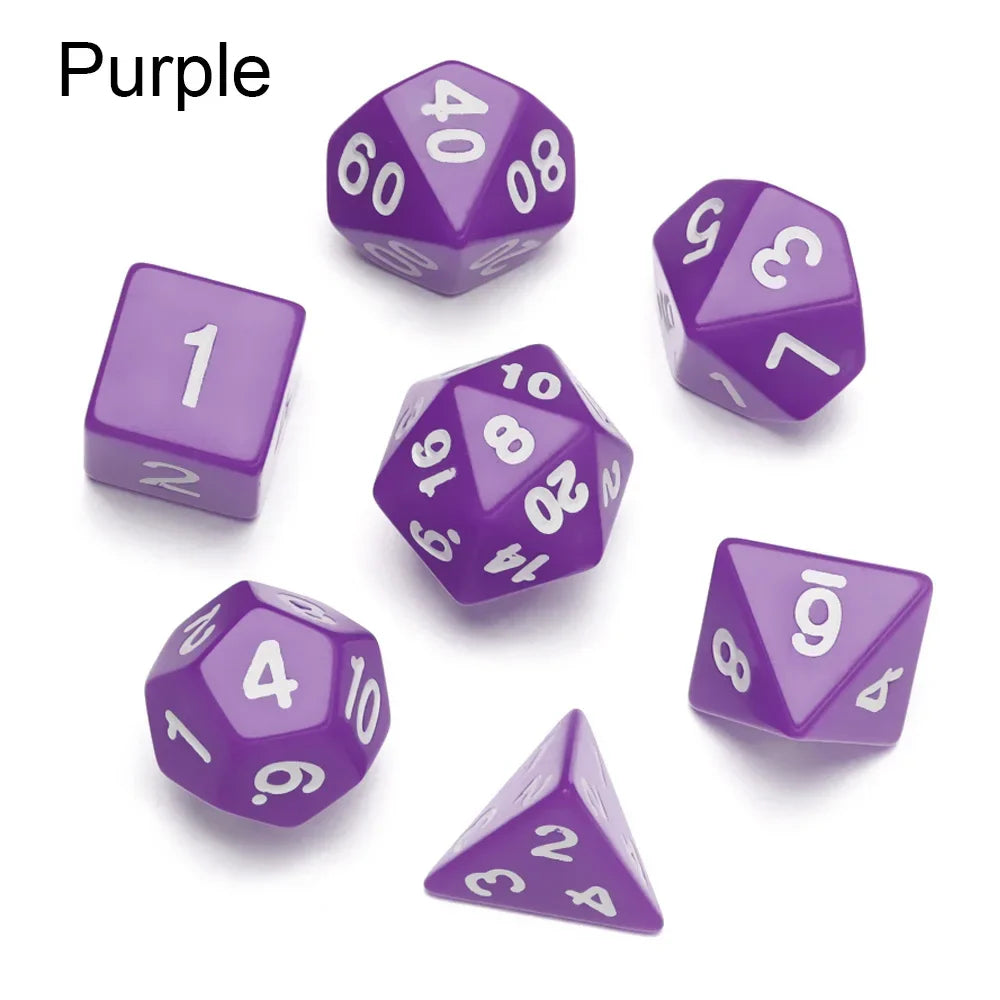 Black polyhedral dice set with 7 pieces for D&D and tabletop RPGs, featuring various shapes and numbers, branded by FanzyMarket.