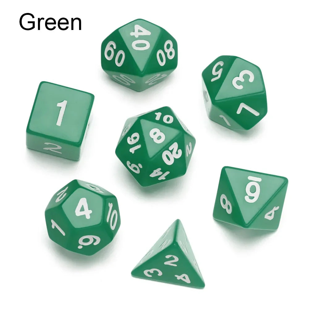 Black polyhedral dice set with 7 different shapes for D&D, tabletop RPGs, board, and card games by FanzyMarket.