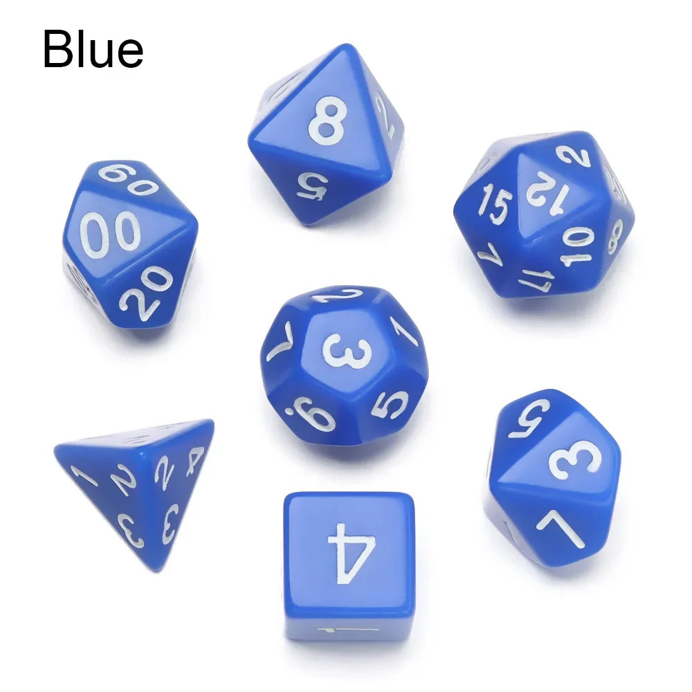 Black polyhedral dice set with seven dice for D&D and tabletop RPG games, featuring FanzyMarket branding and detailed number engravings.