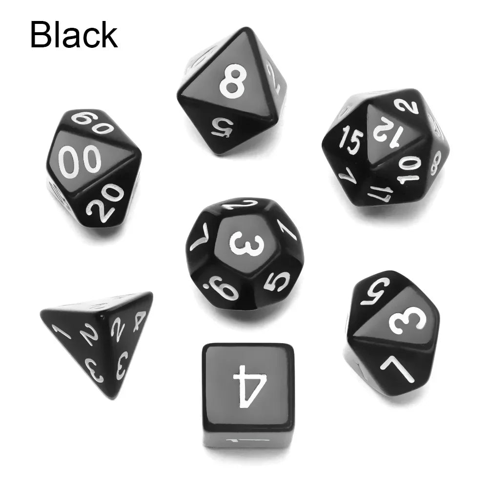 Black polyhedral dice set with seven pieces for D&D and tabletop RPGs, featuring various shapes and numbers for gaming.