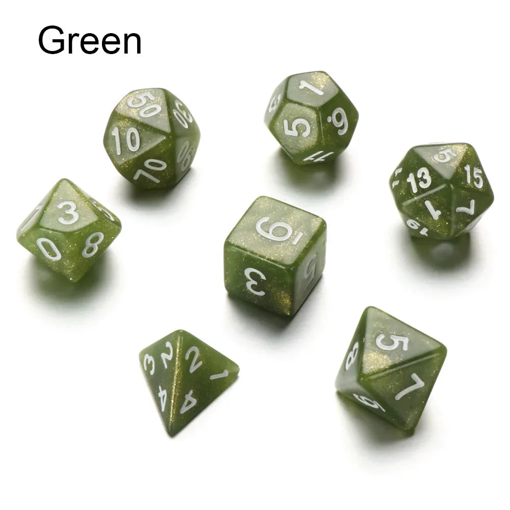 Black polyhedral dice set for D&D and tabletop RPGs, featuring seven different dice shapes for gaming and board games.