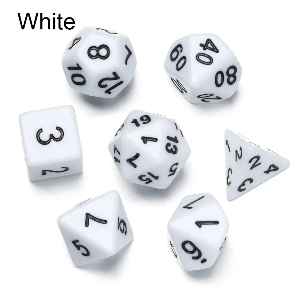 Seven black polyhedral dice set for D&D and tabletop RPGs, featuring various shapes and numbers, perfect for gaming sessions.