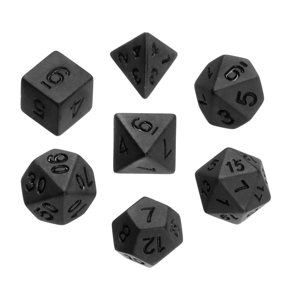 Black polyhedral dice set with seven pieces for D&D, tabletop RPGs, board games, and card games by FanzyMarket.