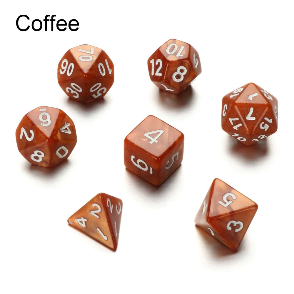Black polyhedral dice set for D&D and tabletop RPGs, including 7 multi-sided dice for board and card games by FanzyMarket.