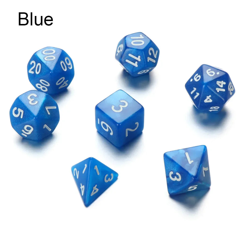 Black polyhedral dice set for D&D and tabletop RPGs, featuring seven different dice shapes in a compact fanzyMarket brand package.