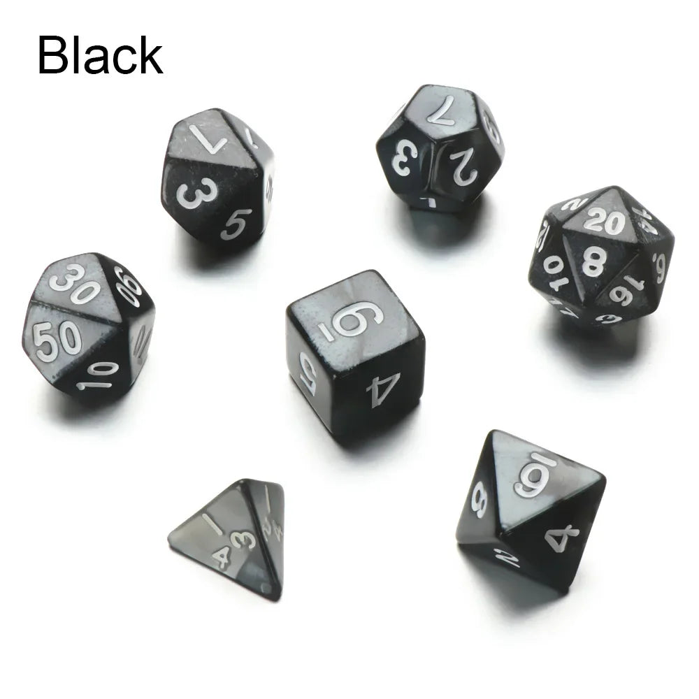Black polyhedral dice set for D&D and tabletop RPGs, featuring seven dice from FanzyMarket, perfect for board and card games.