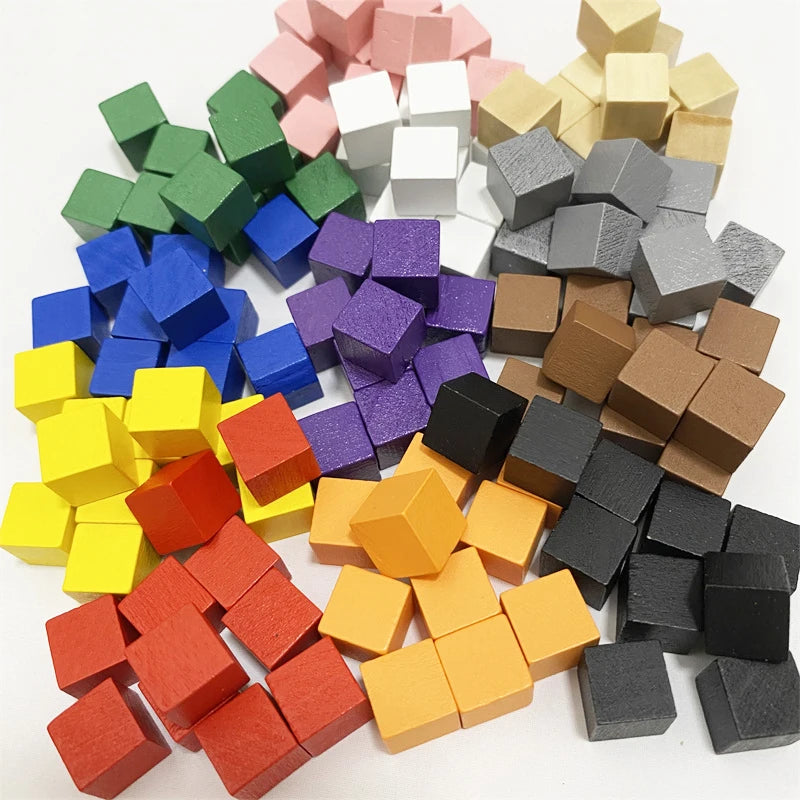 Colorful 10mm wooden cubes by FanzyMarket, 100-pack, used as dice tokens for crafts, board games, and early education activities.
