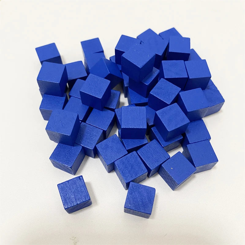 Colorful wooden cubes in a 100-pack, 10mm size, used as dice tokens for crafts, board games, and early education activities.