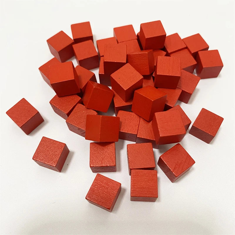 Colorful 10mm wooden cubes for crafts and board games, arranged in a 100-pack, ideal for early education and game tokens.