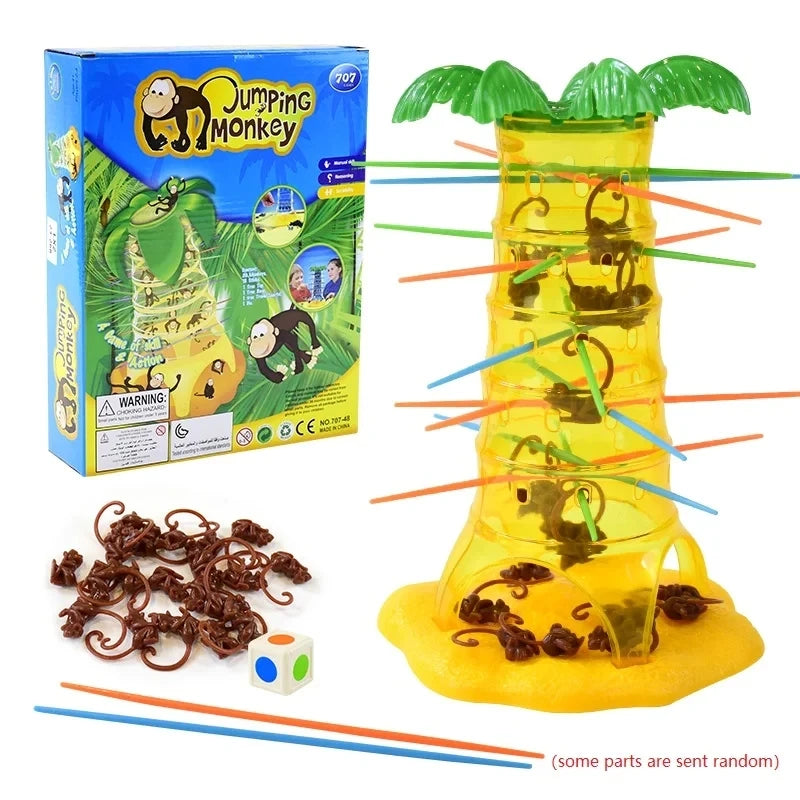 Tumbling Monkeys Family Tabletop Game by FanzyMarket showing colorful climbing monkeys and sticks for 2-4 players.
