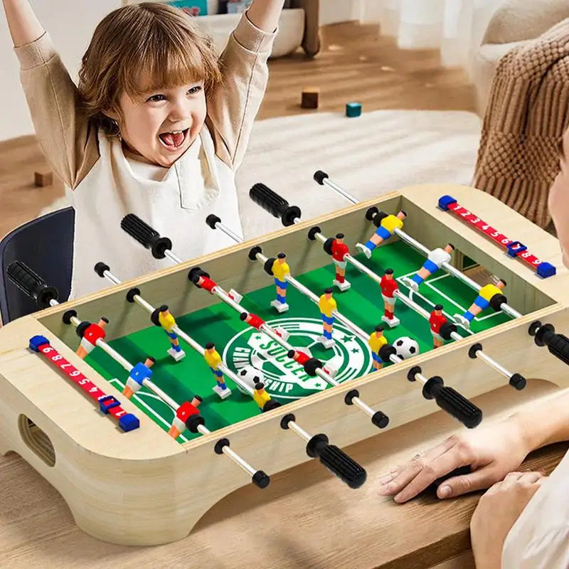 FanzyMarket wooden tabletop foosball game for kids, portable desktop soccer board with players and scoring rods.