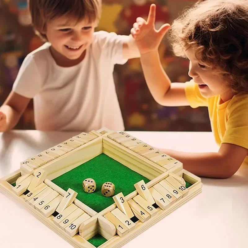 Colorful wooden Shut the Box dice game with flaps, designed for 4 players, ideal for family fun and educational math gameplay.