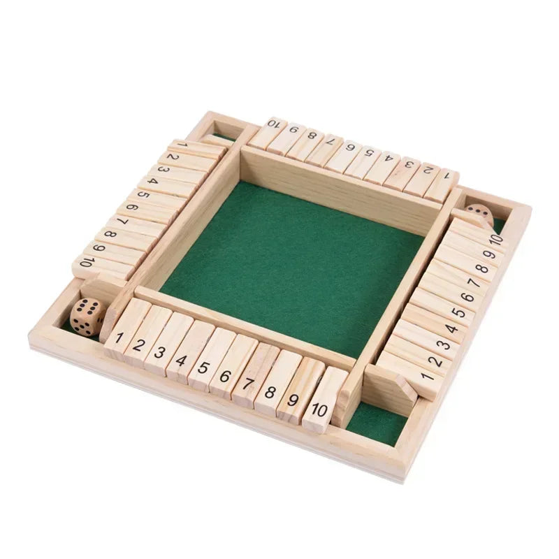Colorful wooden Shut the Box dice game with flaps, designed for 4 players, perfect for family educational math and board game fun.