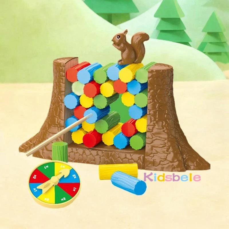 FanzyMarket kids balance tower stacking game featuring squirrel rescue blocks and roulette spinner for family party fun.